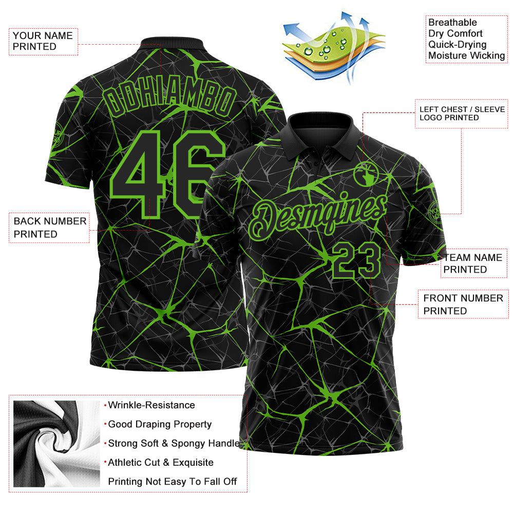 Custom Black-Aurora Green 3D Pattern Abstract Network Crackle Performance Polo Shirt view 3