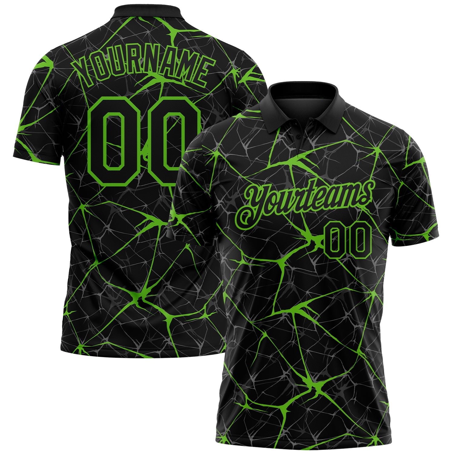 Custom Black-Aurora Green 3D Pattern Abstract Network Crackle Performance Polo Shirt - Main View