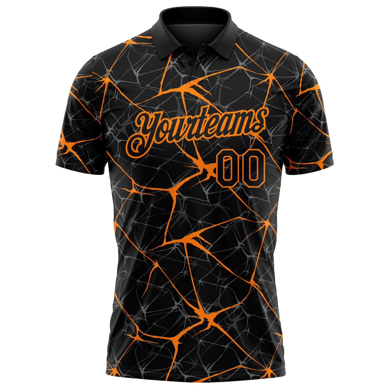 Custom Black-Bay Orange 3D Pattern Abstract Network Crackle Performance Polo Shirt view 2