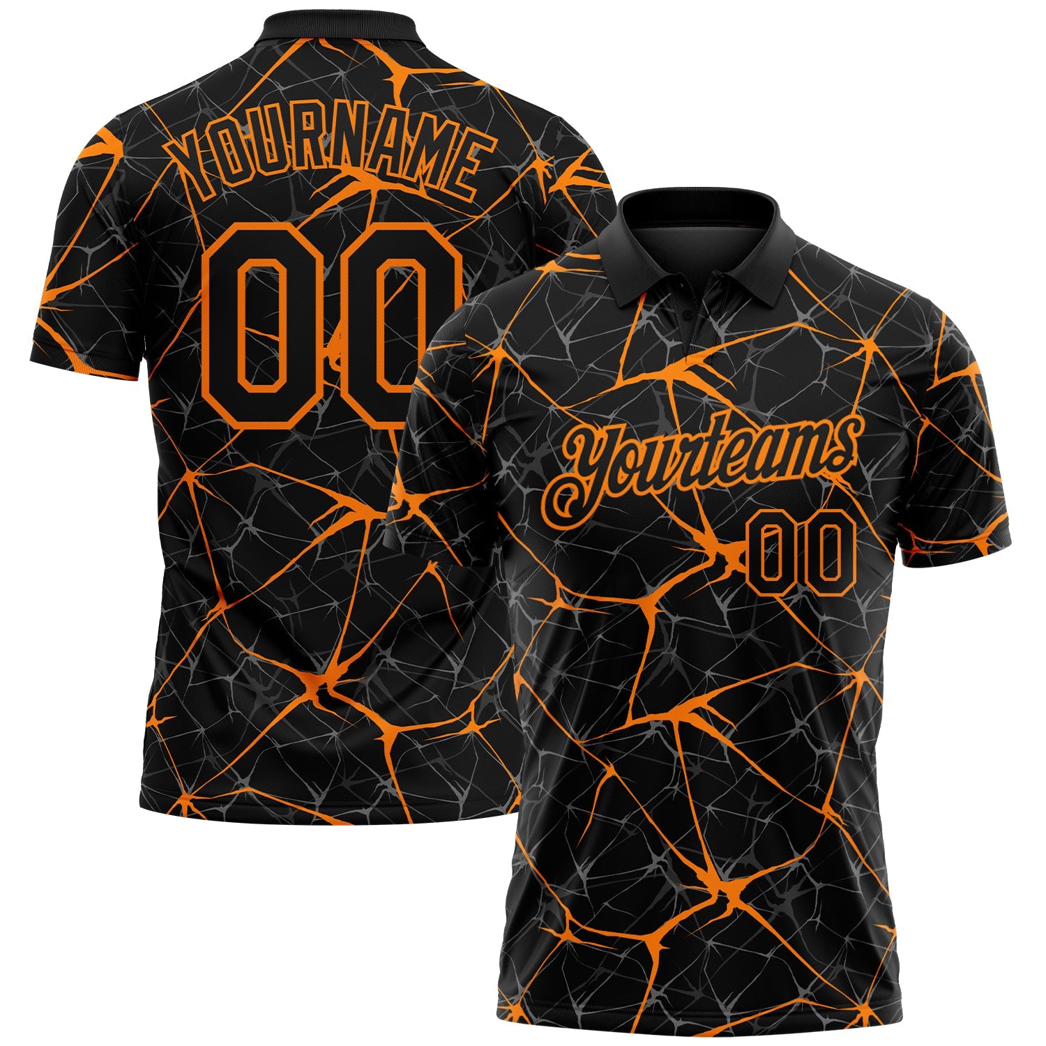 Custom Black-Bay Orange 3D Pattern Abstract Network Crackle Performance Polo Shirt - Main View