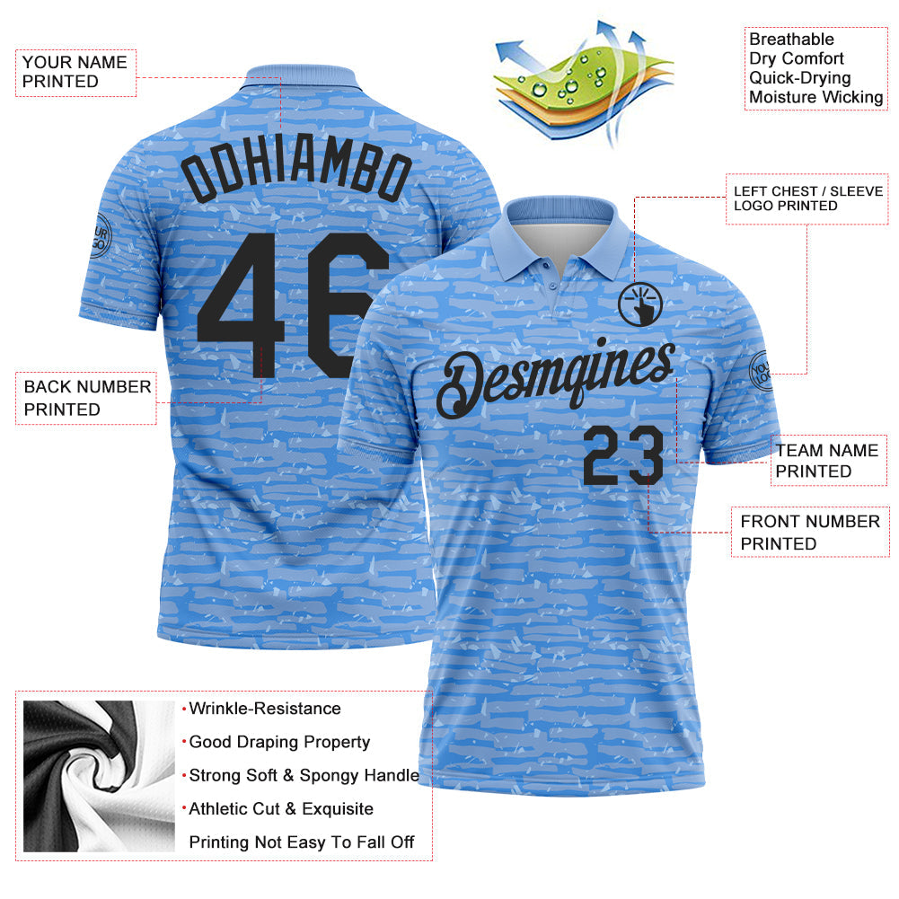Custom Light Blue-Black Distressed Fragment Brush Stroke Performance Polo Shirt view 3