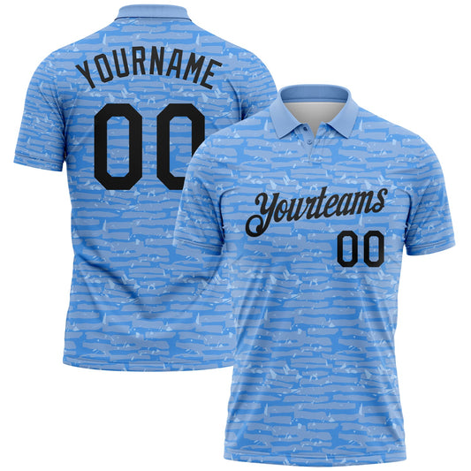 Custom Light Blue-Black Distressed Fragment Brush Stroke Performance Polo Shirt - Main View