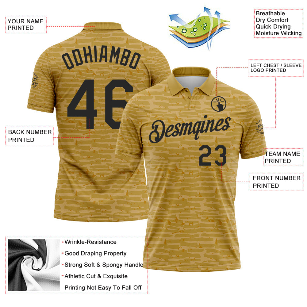 Custom Old Gold-Black Distressed Fragment Brush Stroke Performance Polo Shirt view 3