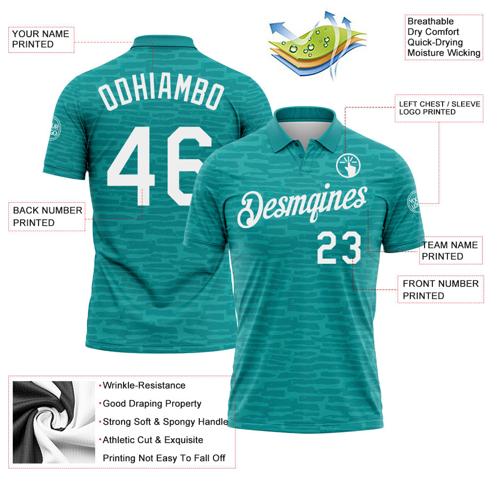 Custom Teal-White Distressed Fragment Brush Stroke Performance Polo Shirt view 3