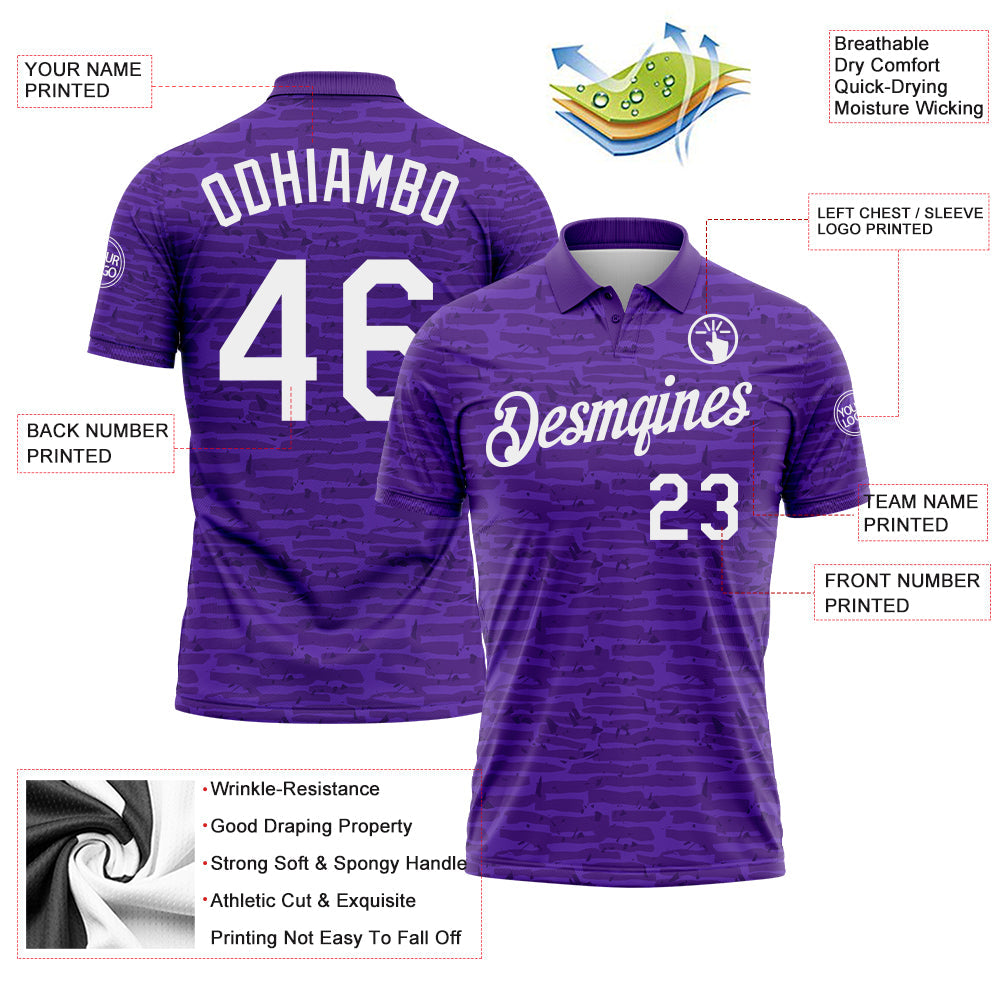 Custom Purple-White Distressed Fragment Brush Stroke Performance Polo Shirt view 3
