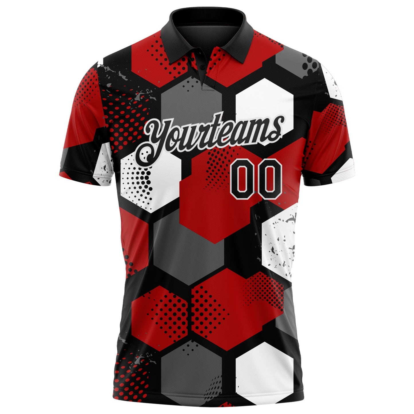 Custom Red Black Gray-White Modern Geometric Tech Hexagon Grid Performance Polo Shirt view 2