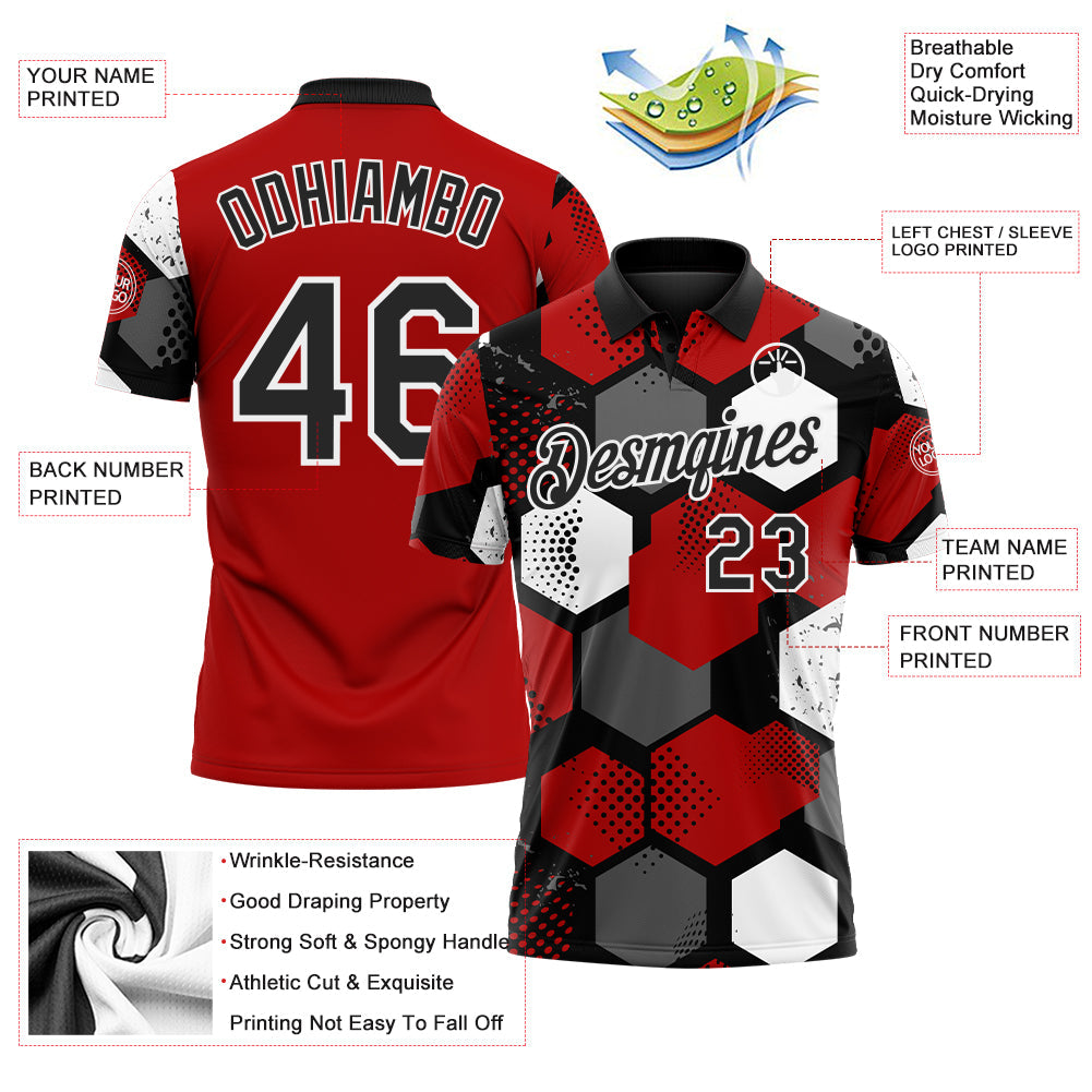 Custom Red Black Gray-White Modern Geometric Tech Hexagon Grid Performance Polo Shirt view 3