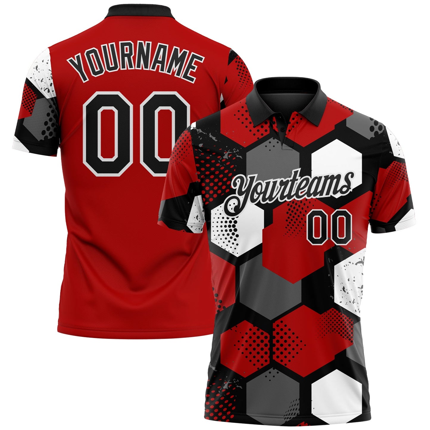 Custom Red Black Gray-White Modern Geometric Tech Hexagon Grid Performance Polo Shirt - Main View