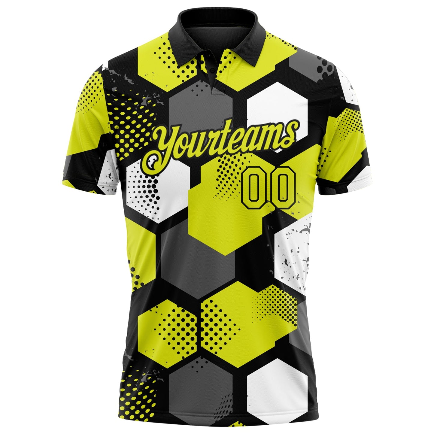 Custom Neon Yellow Black Gray-White Modern Geometric Tech Hexagon Grid Performance Polo Shirt view 2