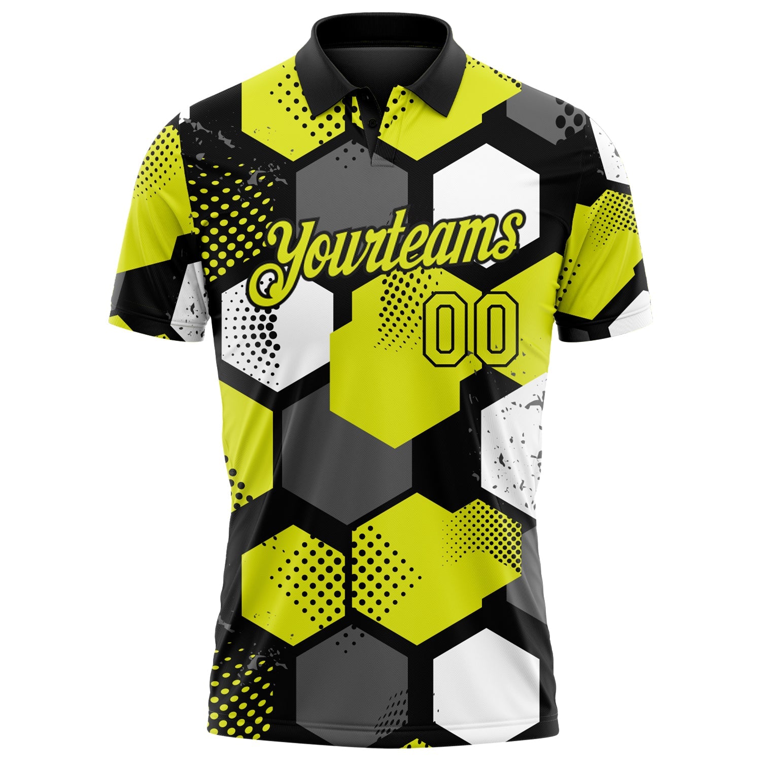 Custom Neon Yellow Black Gray-White Modern Geometric Tech Hexagon Grid Performance Polo Shirt view 2