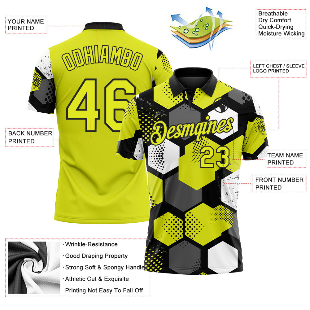 Custom Neon Yellow Black Gray-White Modern Geometric Tech Hexagon Grid Performance Polo Shirt view 3