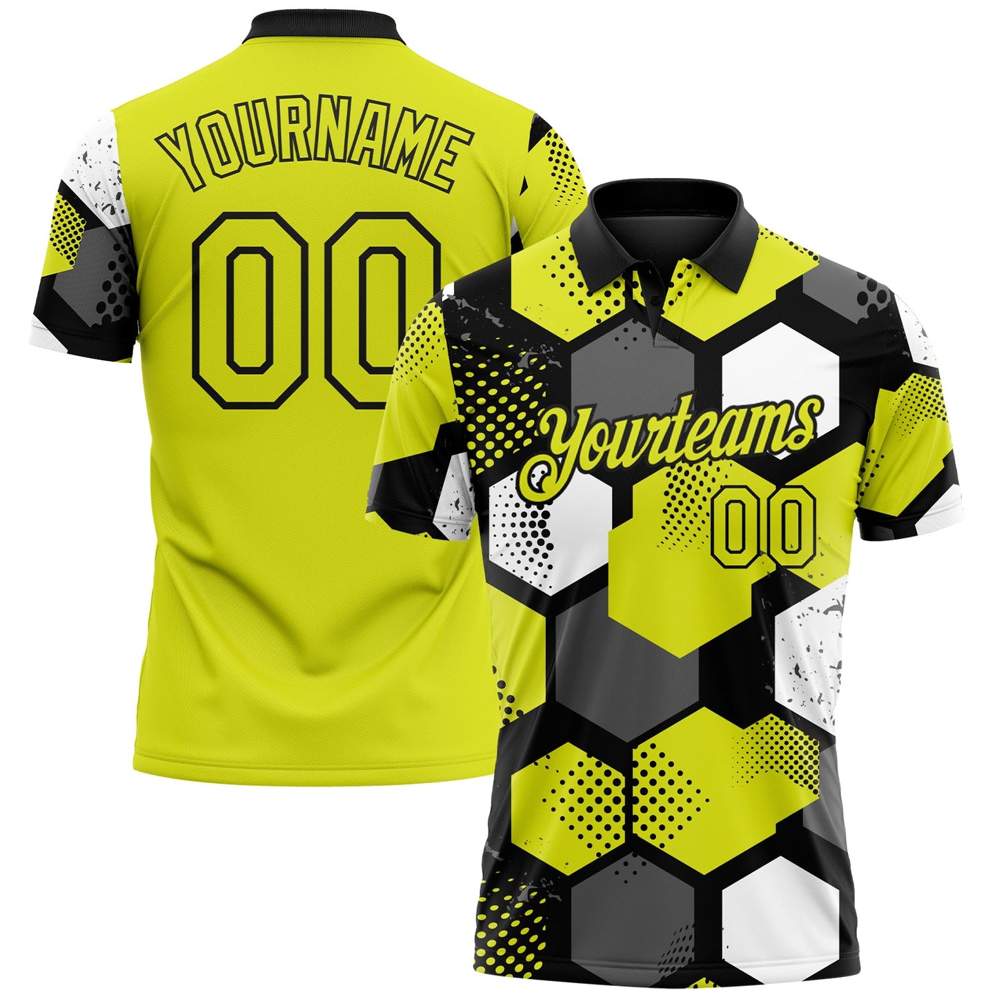 Custom Neon Yellow Black Gray-White Modern Geometric Tech Hexagon Grid Performance Polo Shirt - Main View