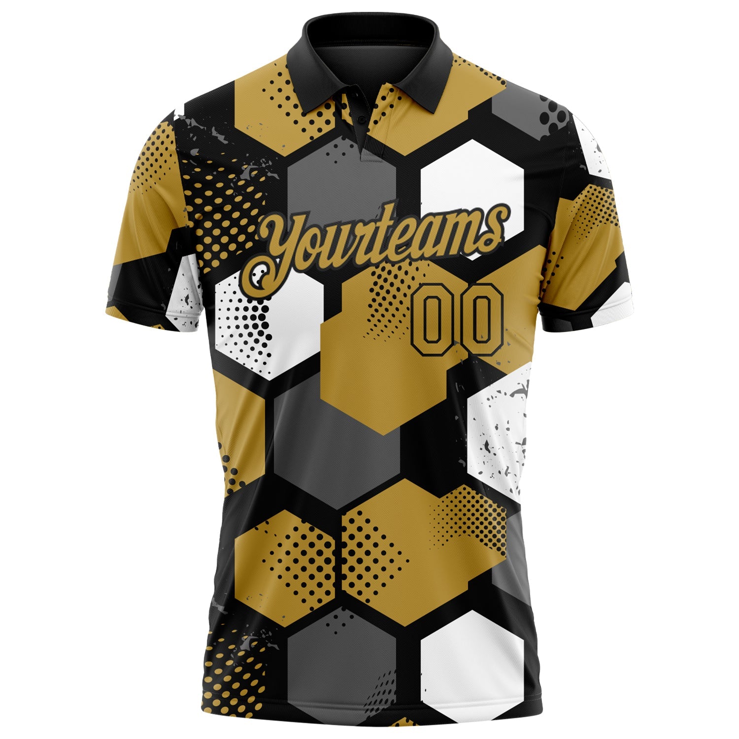Custom Old Gold Black Gray-White Modern Geometric Tech Hexagon Grid Performance Polo Shirt view 2