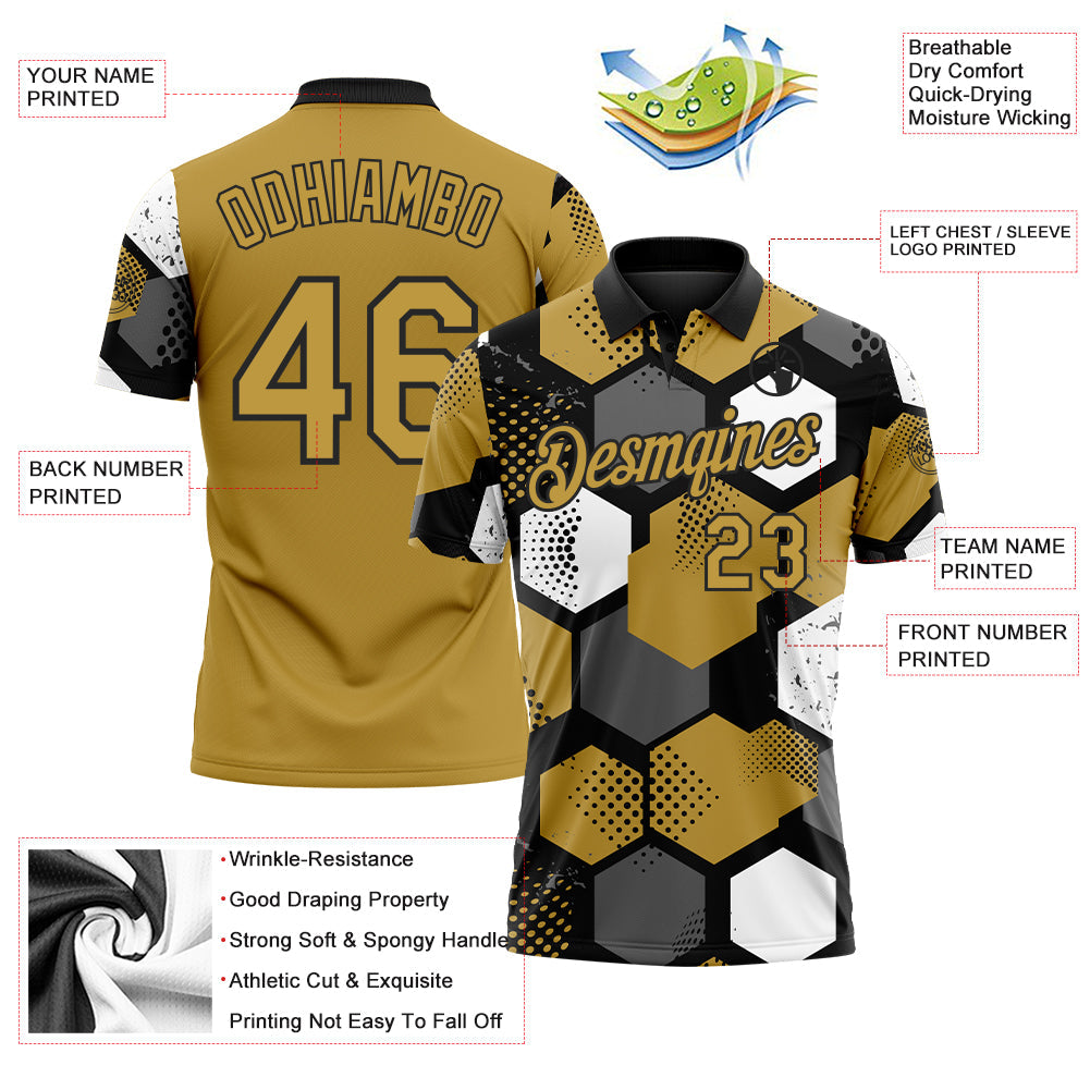Custom Old Gold Black Gray-White Modern Geometric Tech Hexagon Grid Performance Polo Shirt view 3