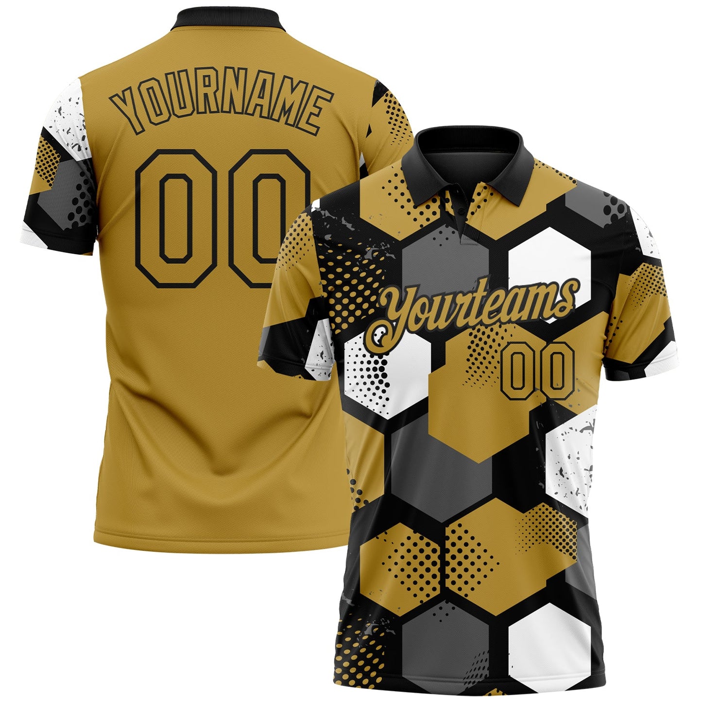Custom Old Gold Black Gray-White Modern Geometric Tech Hexagon Grid Performance Polo Shirt - Main View