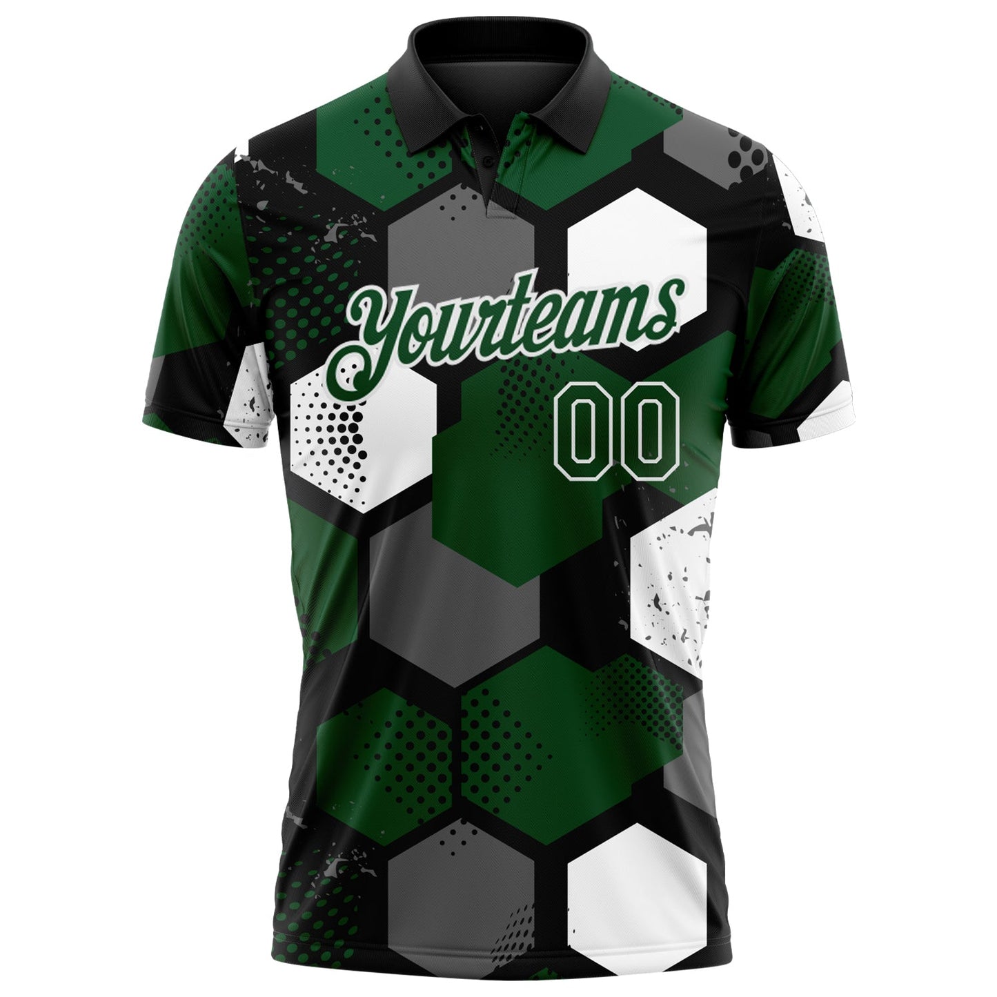 Custom Green Black Gray-White Modern Geometric Tech Hexagon Grid Performance Polo Shirt view 2