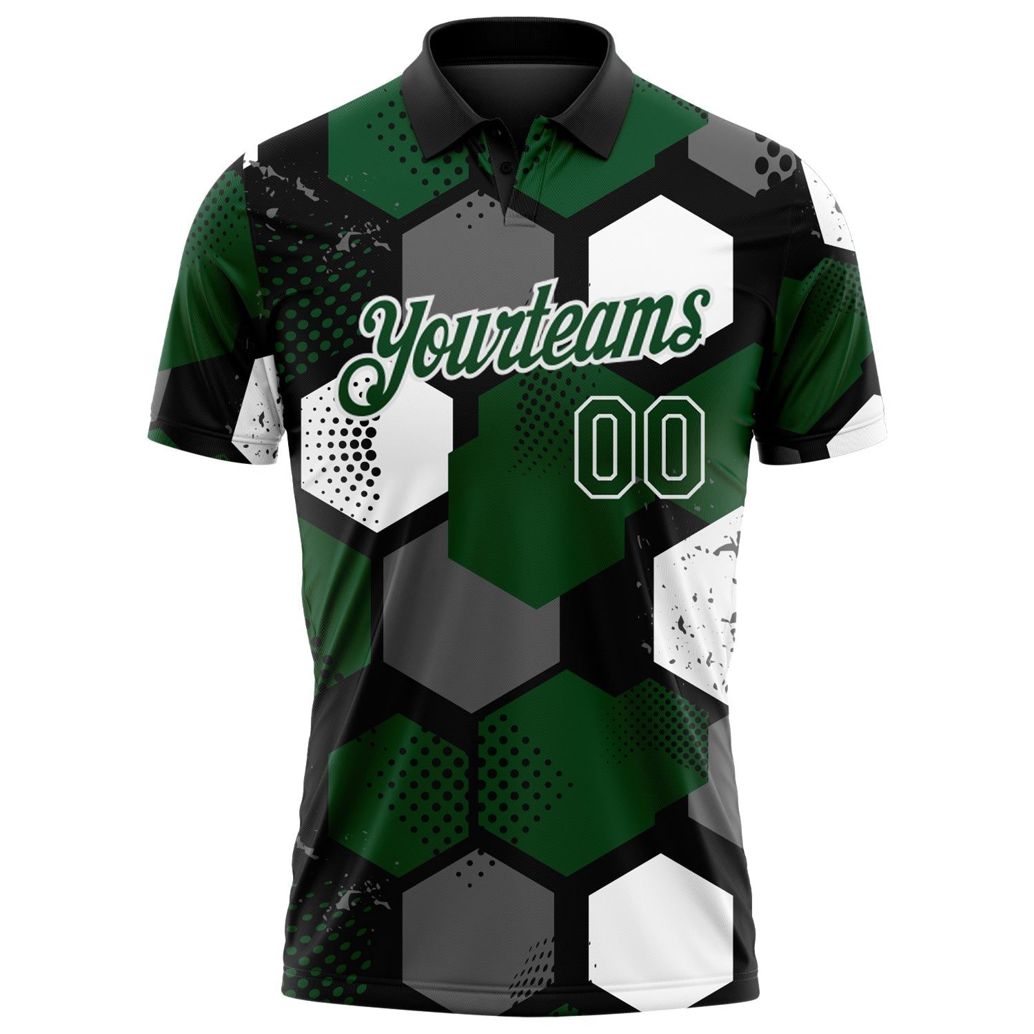 Custom Green Black Gray-White Modern Geometric Tech Hexagon Grid Performance Polo Shirt view 2