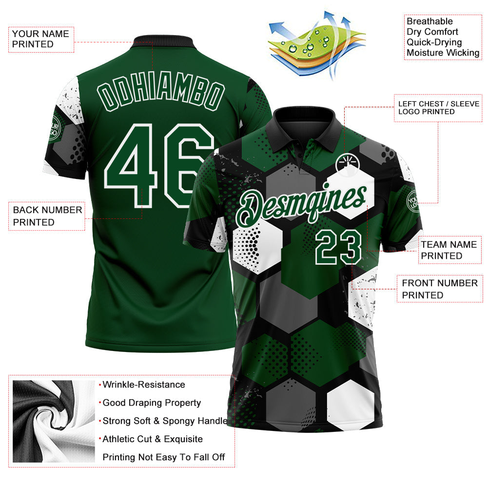 Custom Green Black Gray-White Modern Geometric Tech Hexagon Grid Performance Polo Shirt view 3