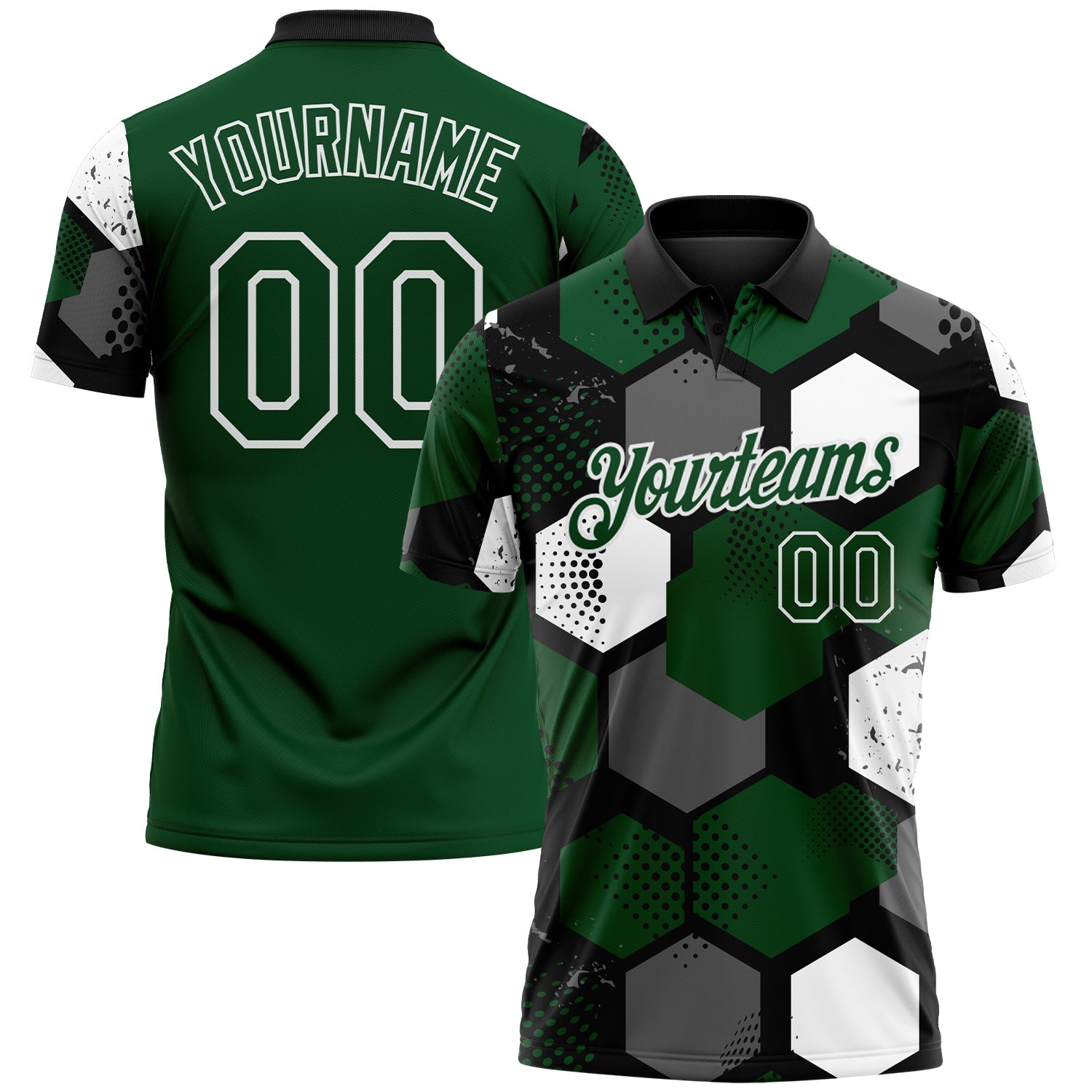 Custom Green Black Gray-White Modern Geometric Tech Hexagon Grid Performance Polo Shirt - Main View