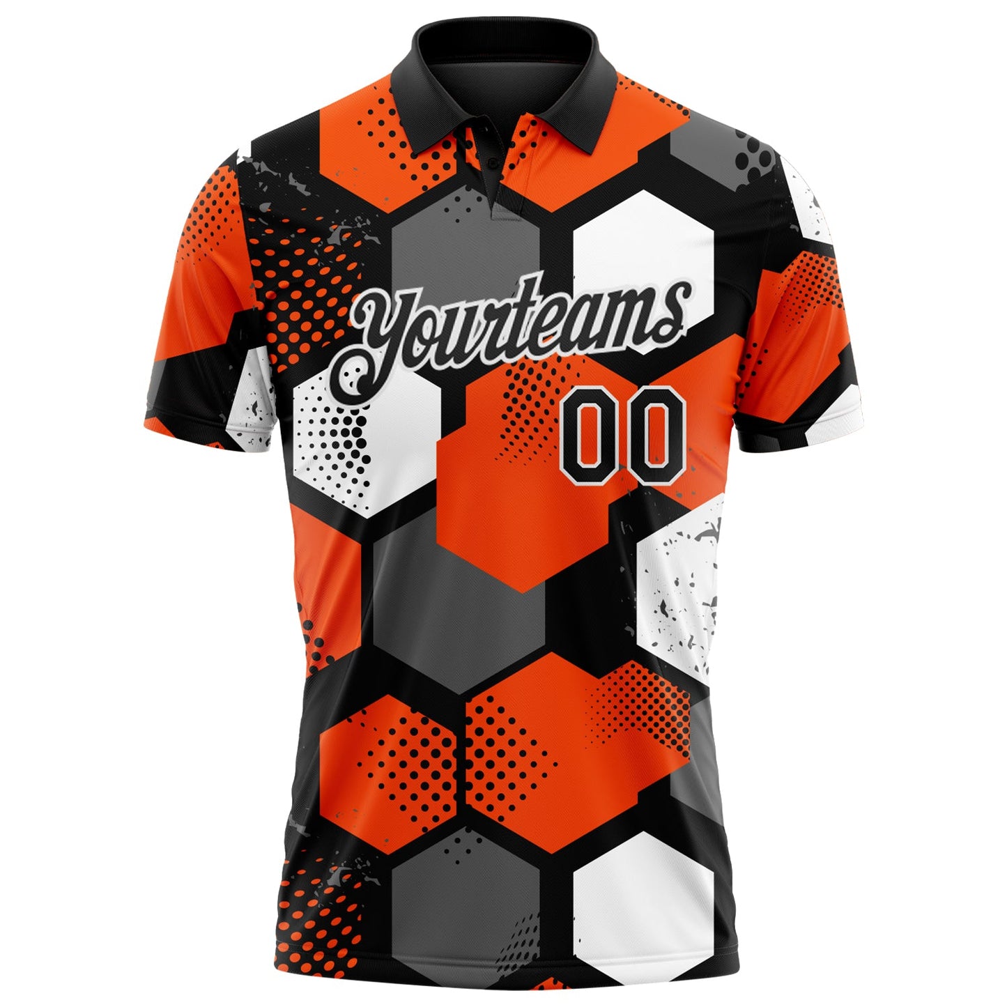 Custom Orange Black Gray-White Modern Geometric Tech Hexagon Grid Performance Polo Shirt view 2