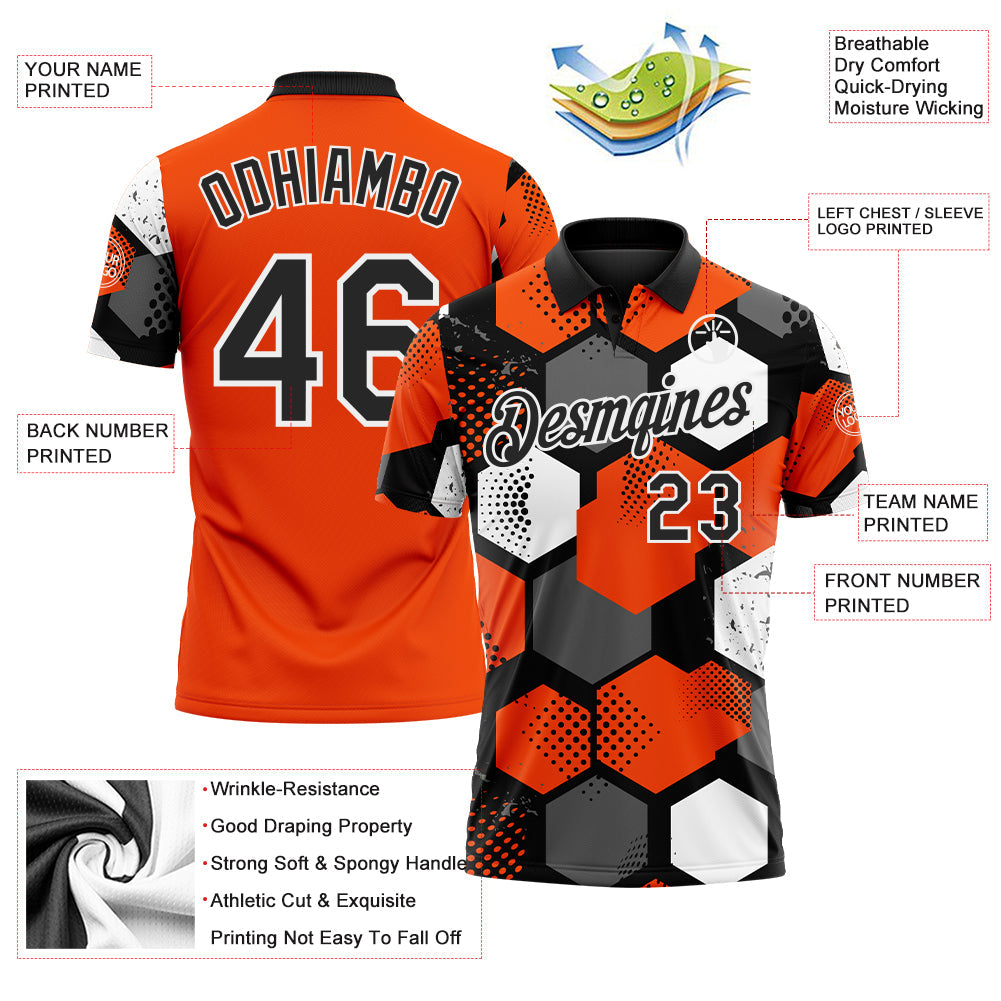 Custom Orange Black Gray-White Modern Geometric Tech Hexagon Grid Performance Polo Shirt view 3