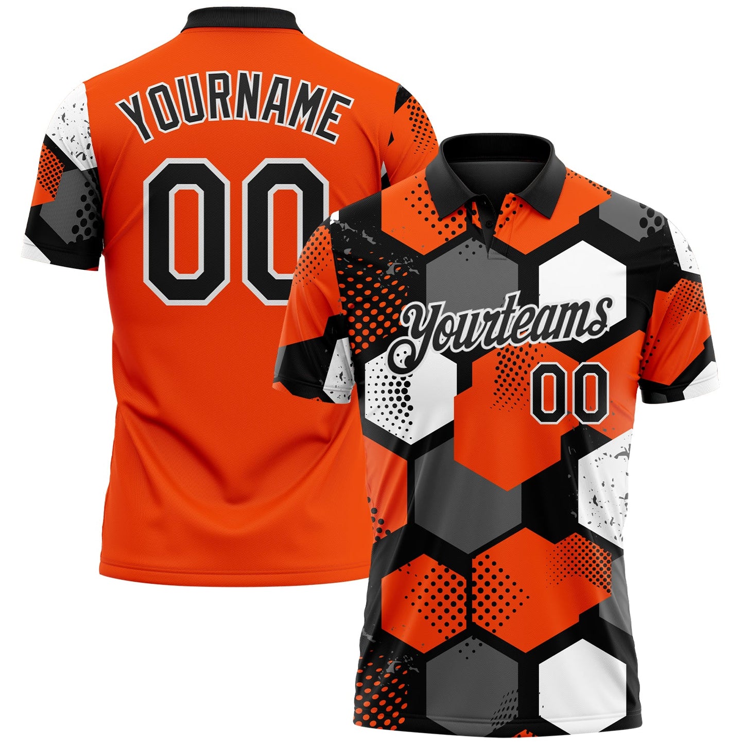 Custom Orange Black Gray-White Modern Geometric Tech Hexagon Grid Performance Polo Shirt - Main View