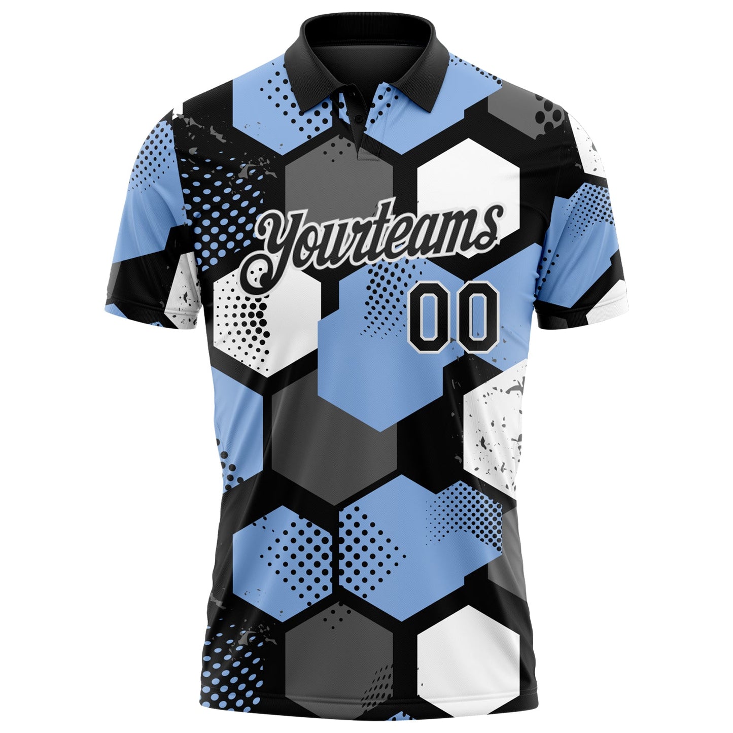 Custom Light Blue Black Gray-White Modern Geometric Tech Hexagon Grid Performance Polo Shirt view 2