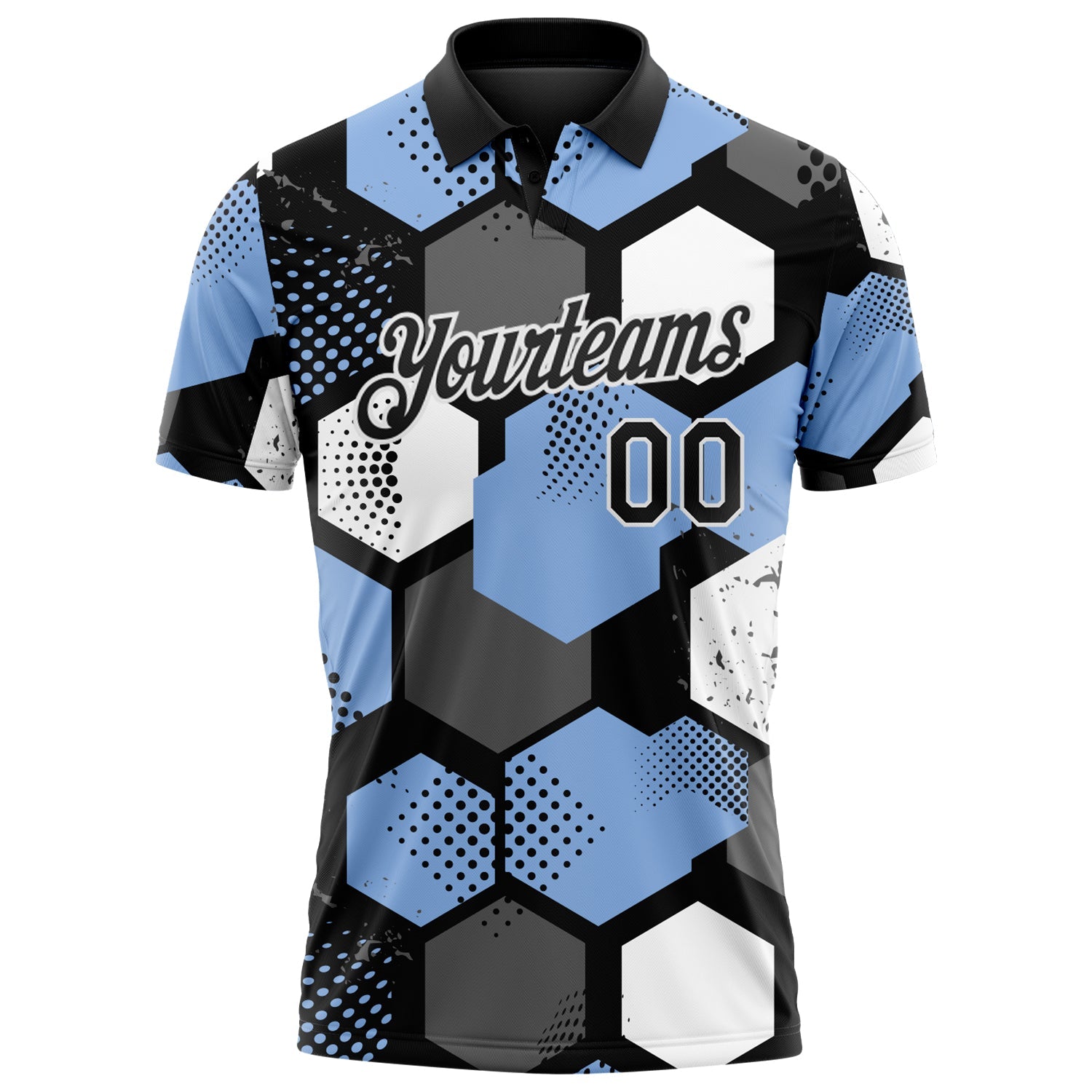 Custom Light Blue Black Gray-White Modern Geometric Tech Hexagon Grid Performance Polo Shirt view 2