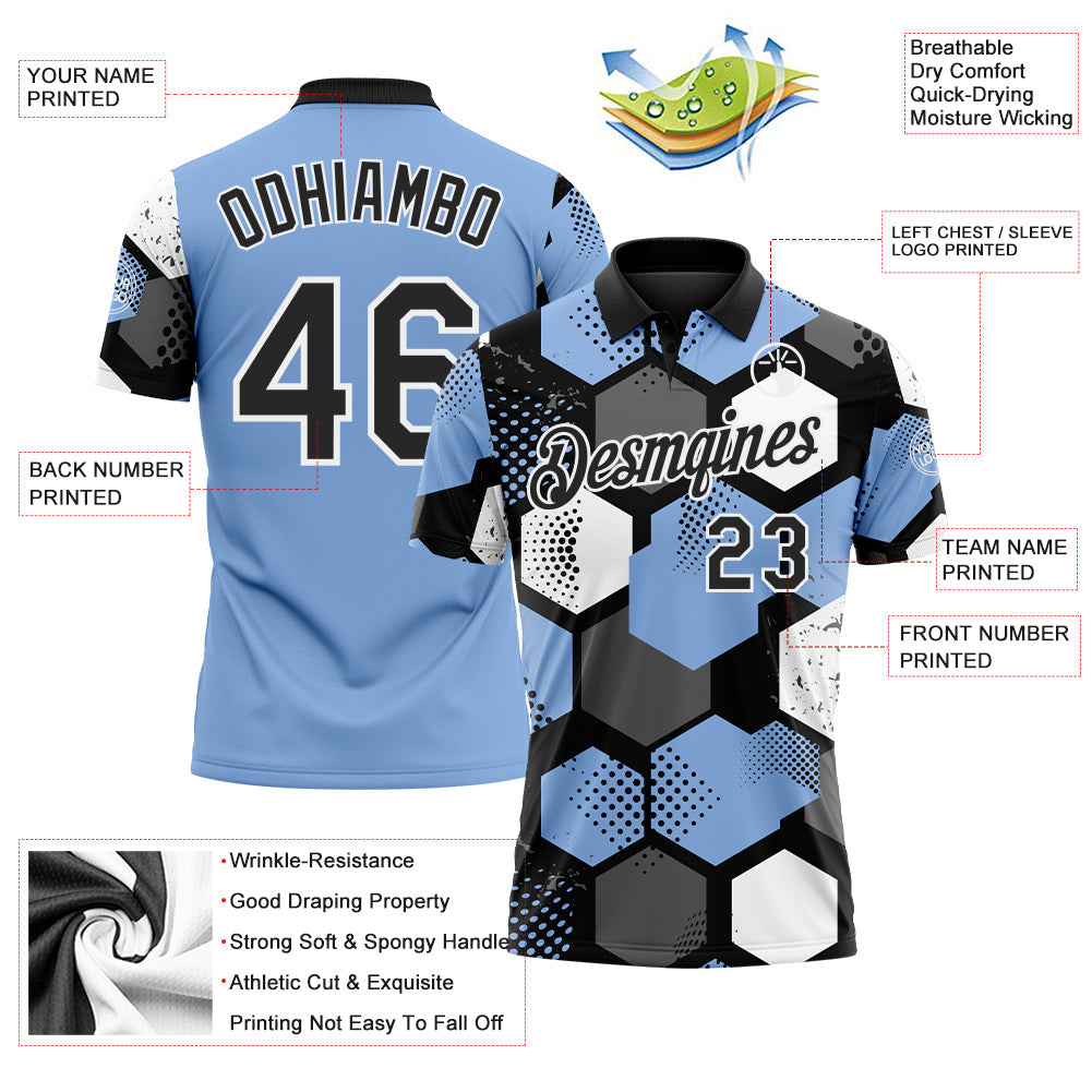 Custom Light Blue Black Gray-White Modern Geometric Tech Hexagon Grid Performance Polo Shirt view 3