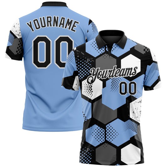 Custom Light Blue Black Gray-White Modern Geometric Tech Hexagon Grid Performance Polo Shirt - Main View
