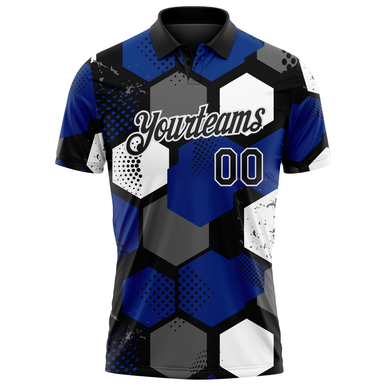 Custom Royal Black Gray-White Modern Geometric Tech Hexagon Grid Performance Polo Shirt view 2
