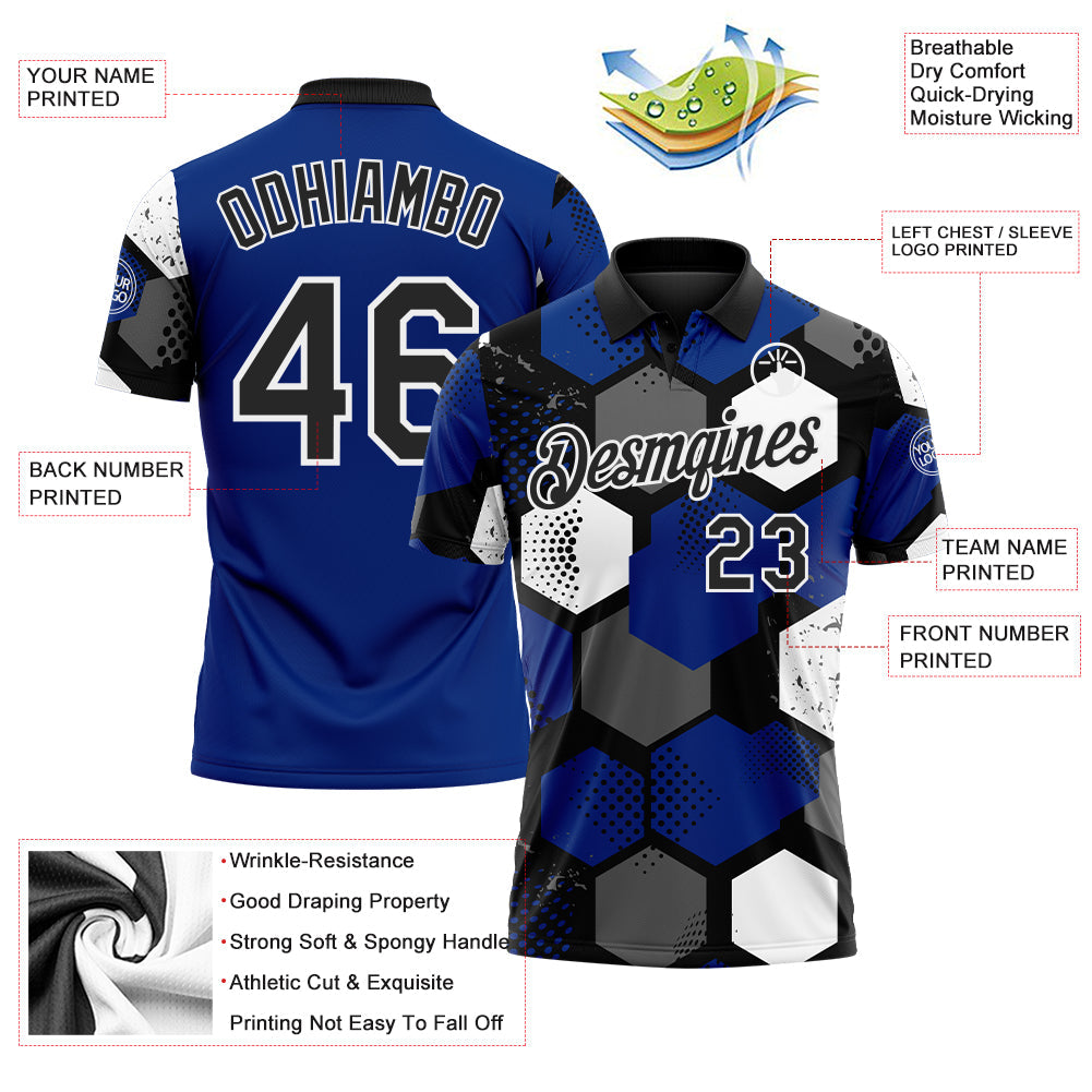 Custom Royal Black Gray-White Modern Geometric Tech Hexagon Grid Performance Polo Shirt view 3