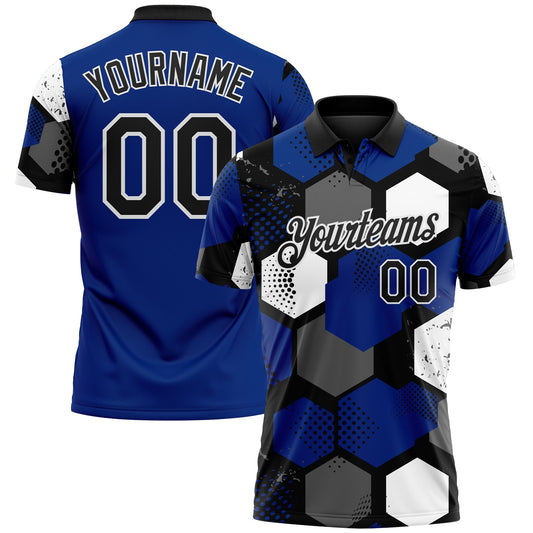 Custom Royal Black Gray-White Modern Geometric Tech Hexagon Grid Performance Polo Shirt - Main View