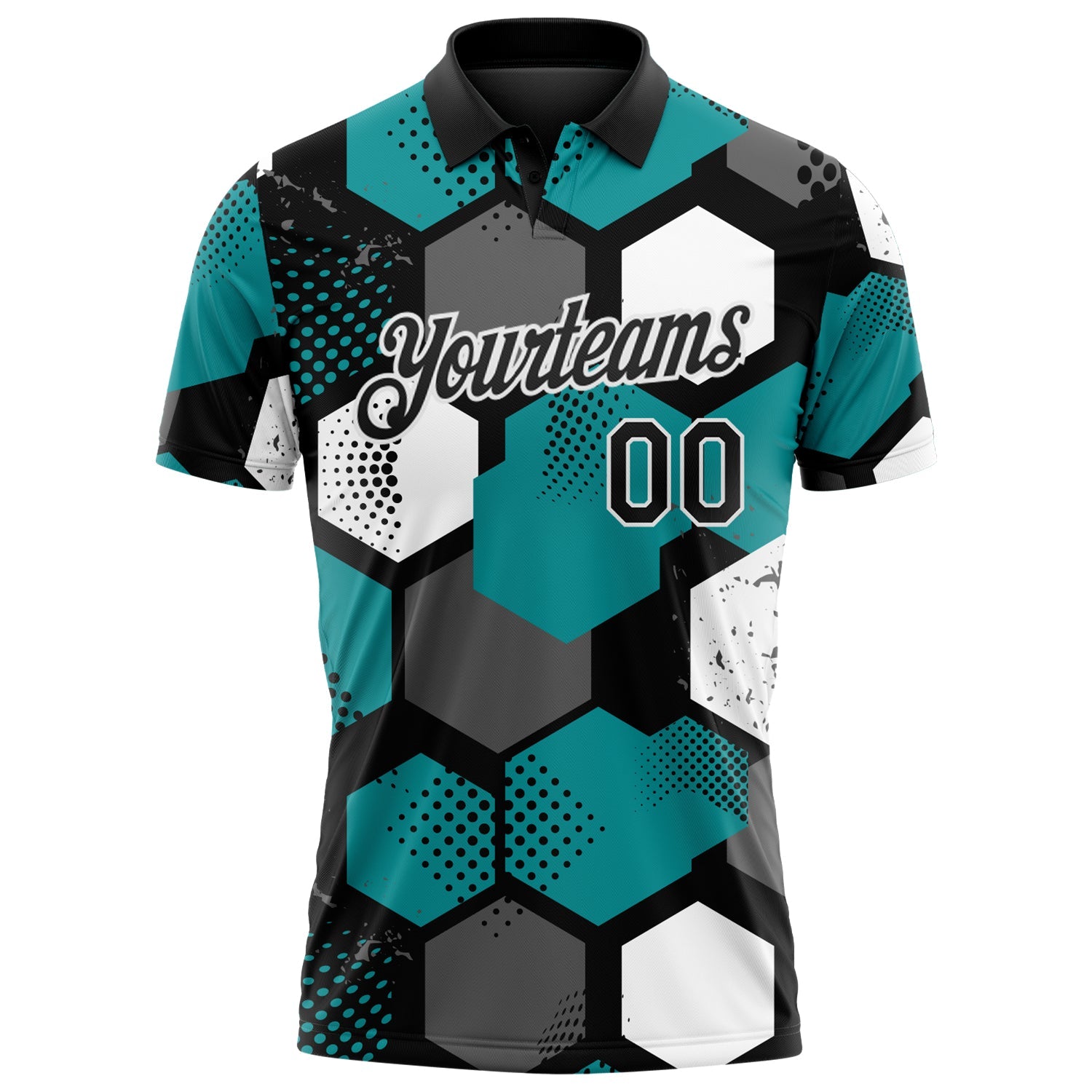 Custom Teal Black Gray-White Modern Geometric Tech Hexagon Grid Performance Polo Shirt view 2