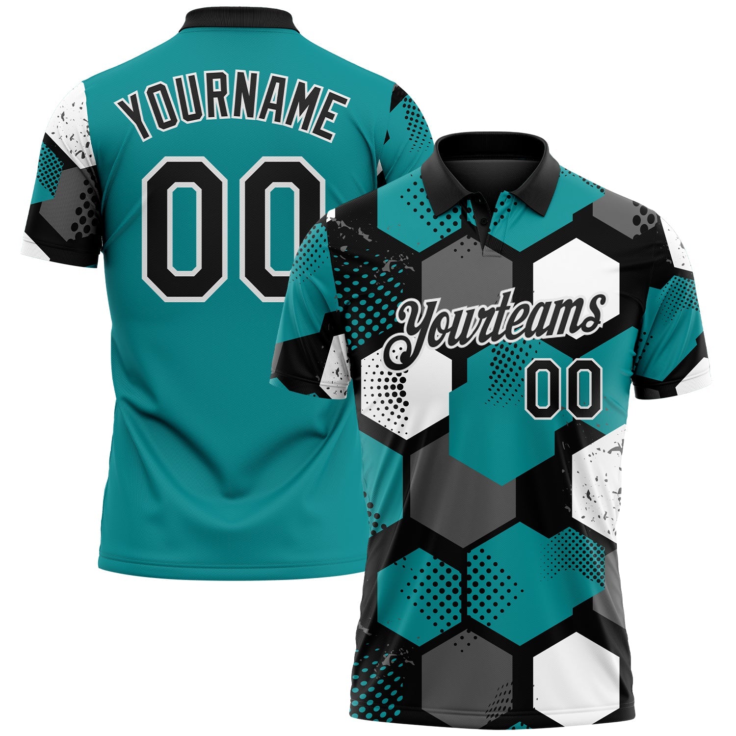 Custom Teal Black Gray-White Modern Geometric Tech Hexagon Grid Performance Polo Shirt - Main View