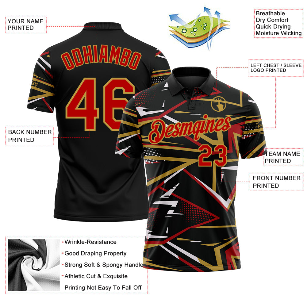 Custom Black Red-Old Gold Dynamic Geometric Shard Performance Polo Shirt view 3