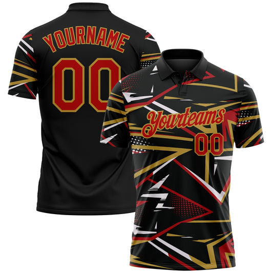 Custom Black Red-Old Gold Dynamic Geometric Shard Performance Polo Shirt - Main View