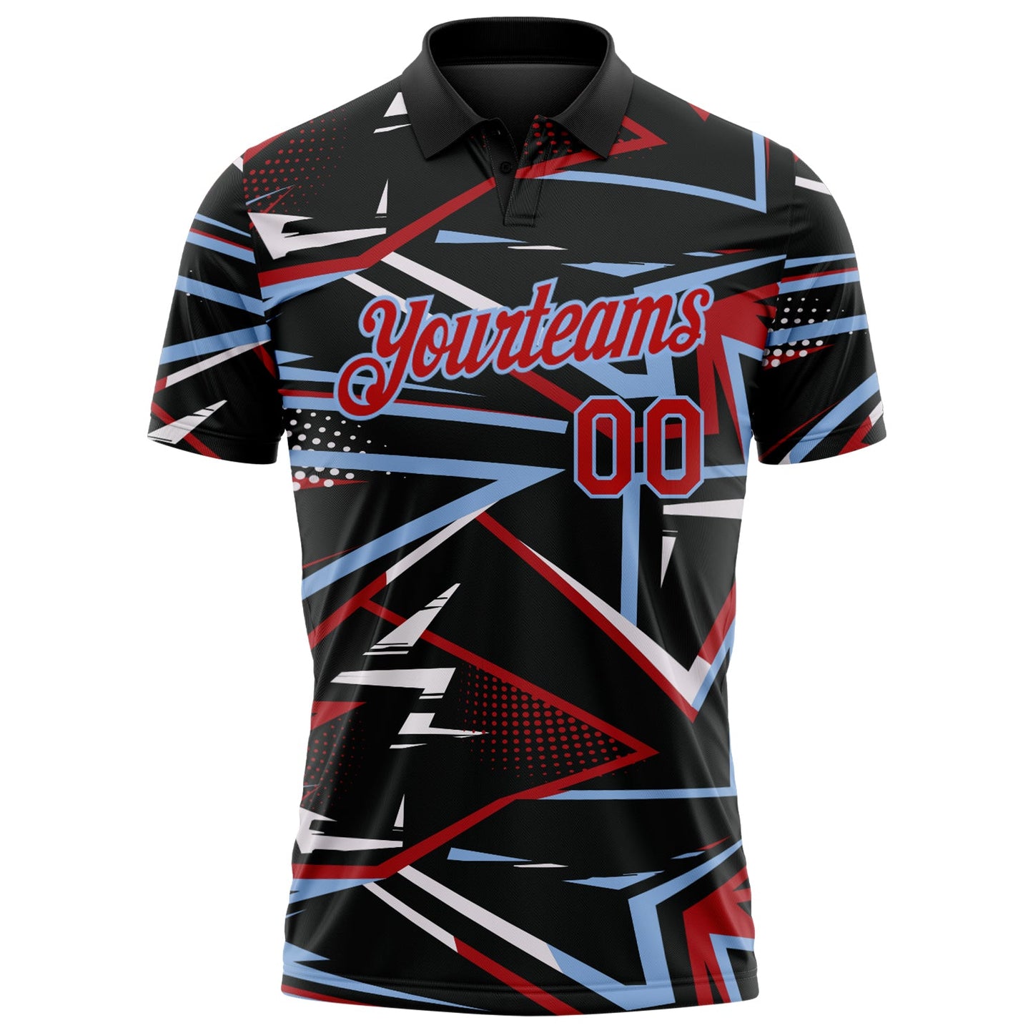 Custom Black Red-Light Blue Dynamic Geometric Shard Performance Polo Shirt view 2