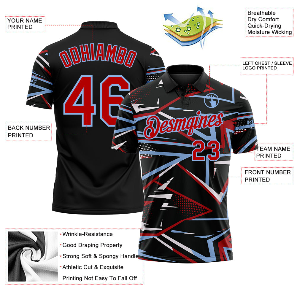 Custom Black Red-Light Blue Dynamic Geometric Shard Performance Polo Shirt view 3