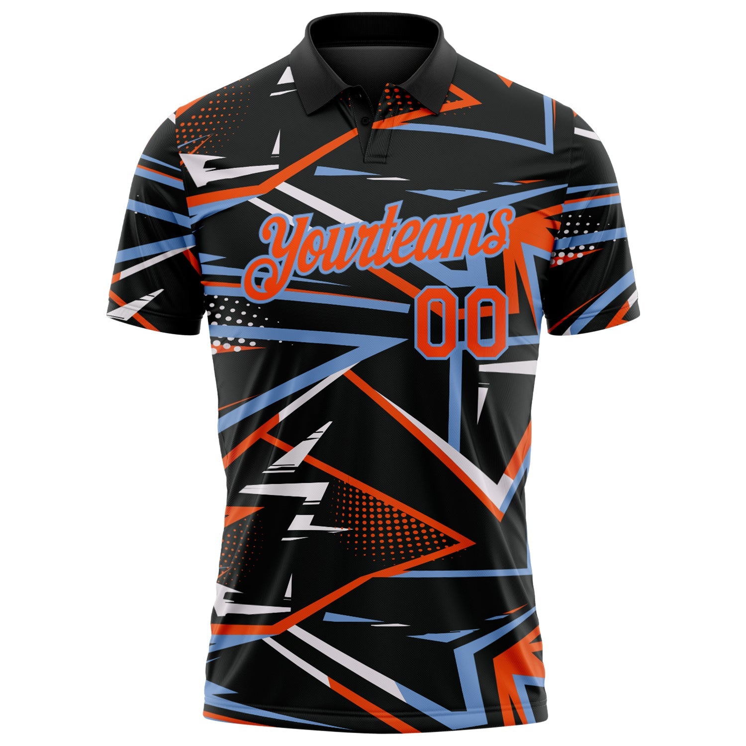 Custom Black Orange-Powder Blue Dynamic Geometric Shard Performance Polo Shirt view 2