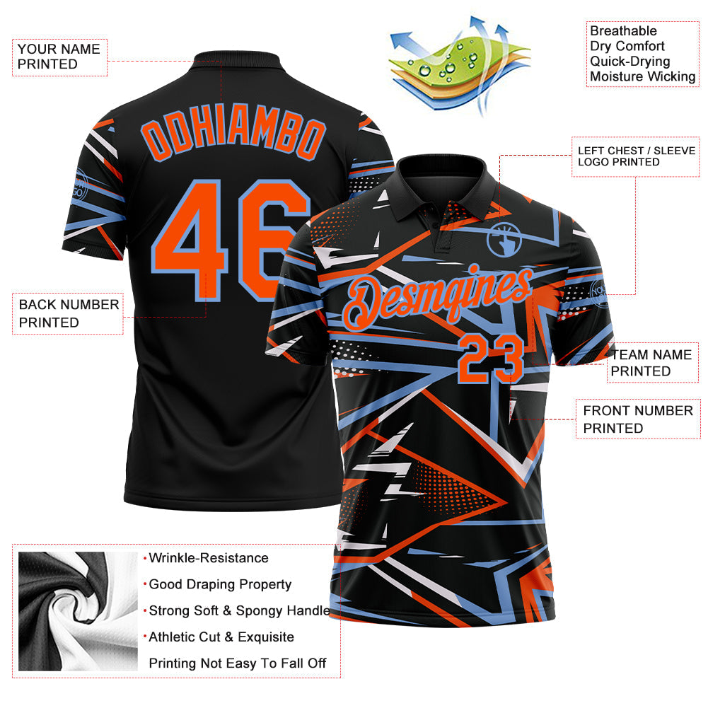 Custom Black Orange-Powder Blue Dynamic Geometric Shard Performance Polo Shirt view 3