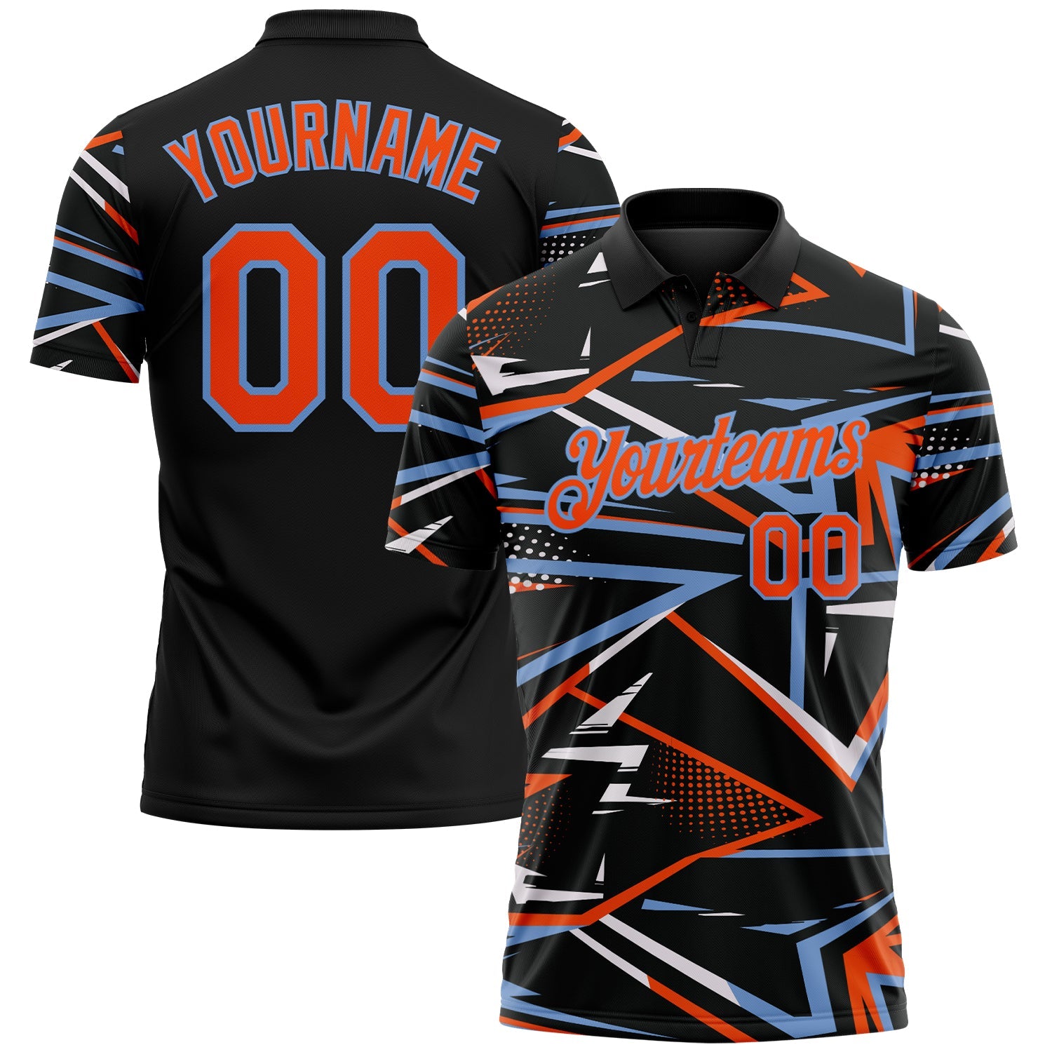 Custom Black Orange-Powder Blue Dynamic Geometric Shard Performance Polo Shirt - Main View