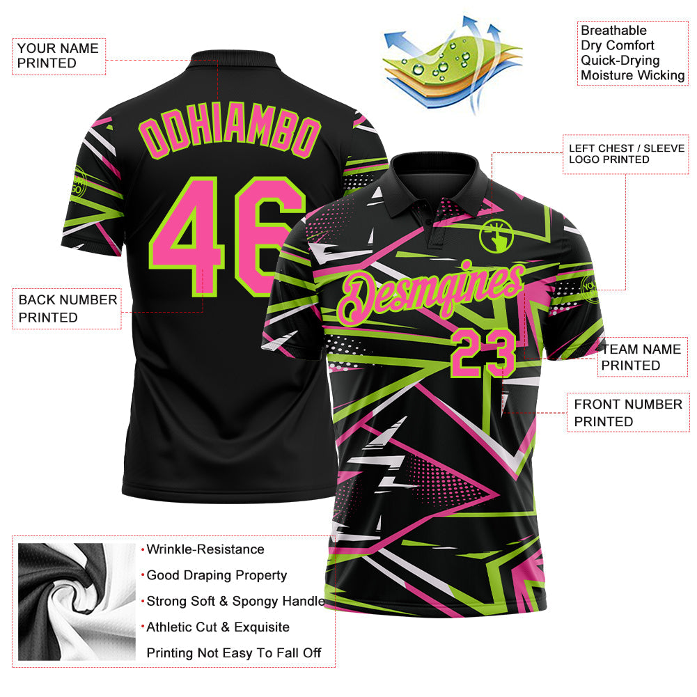 Custom Black Pink-Neon Green Dynamic Geometric Shard Performance Polo Shirt view 3