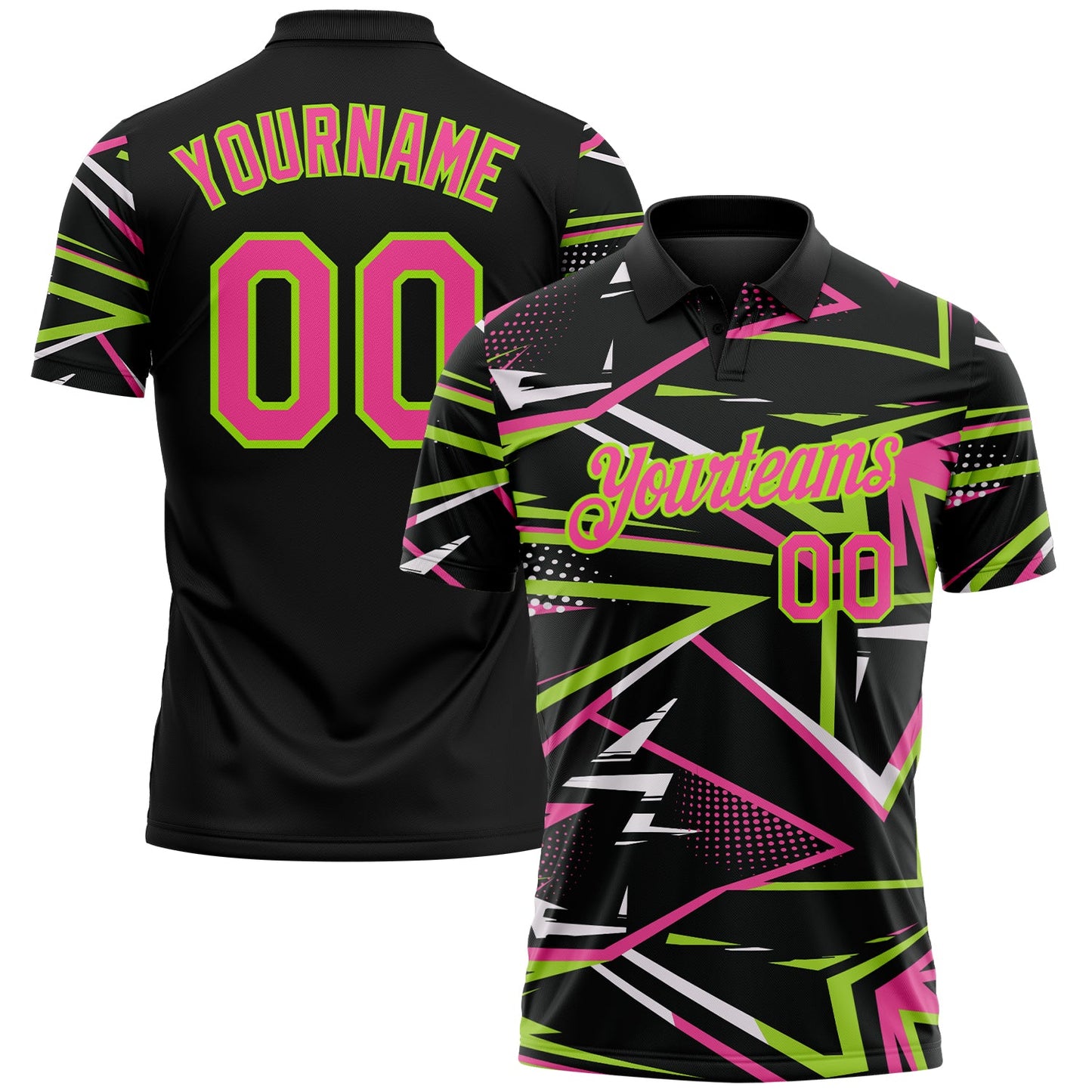 Custom Black Pink-Neon Green Dynamic Geometric Shard Performance Polo Shirt - Main View