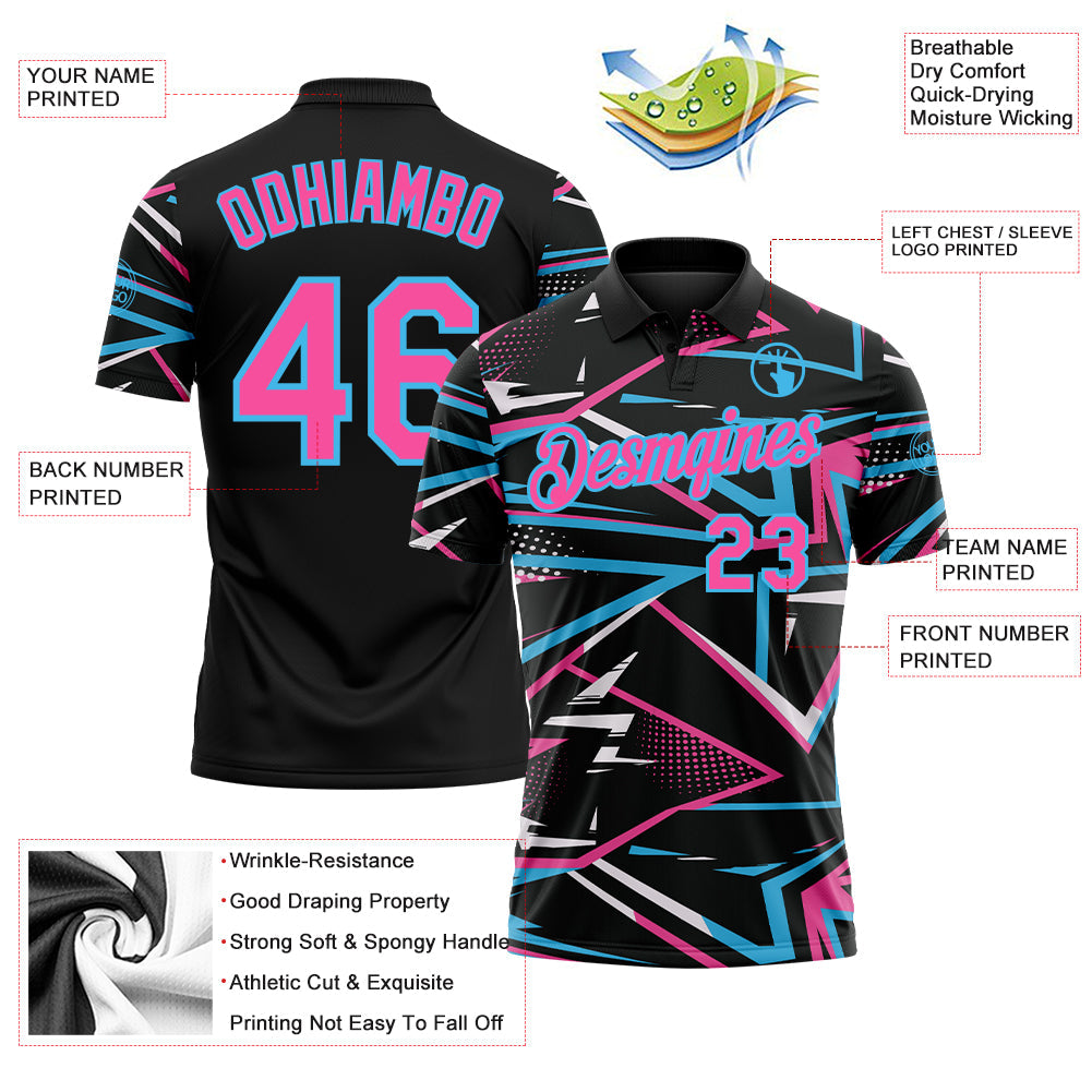 Custom Black Pink-Sky Blue Dynamic Geometric Shard Performance Polo Shirt view 3