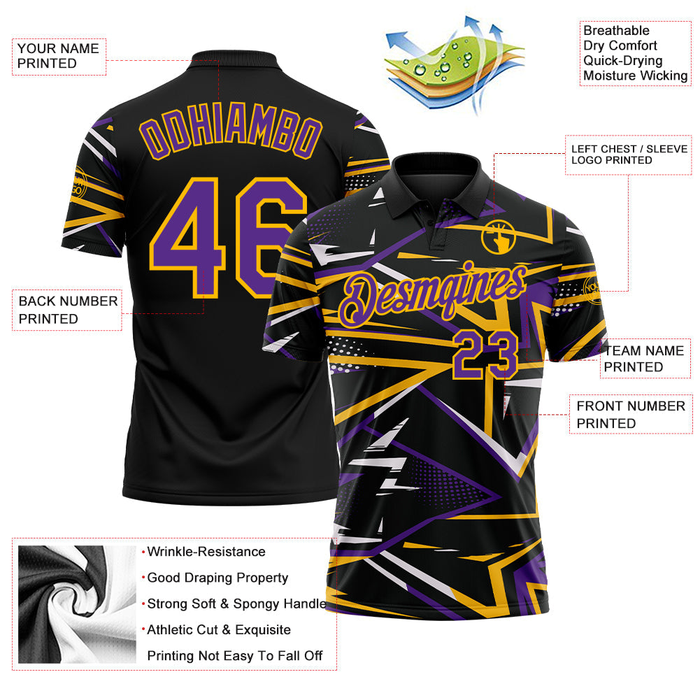 Custom Black Purple-Gold Dynamic Geometric Shard Performance Polo Shirt view 3