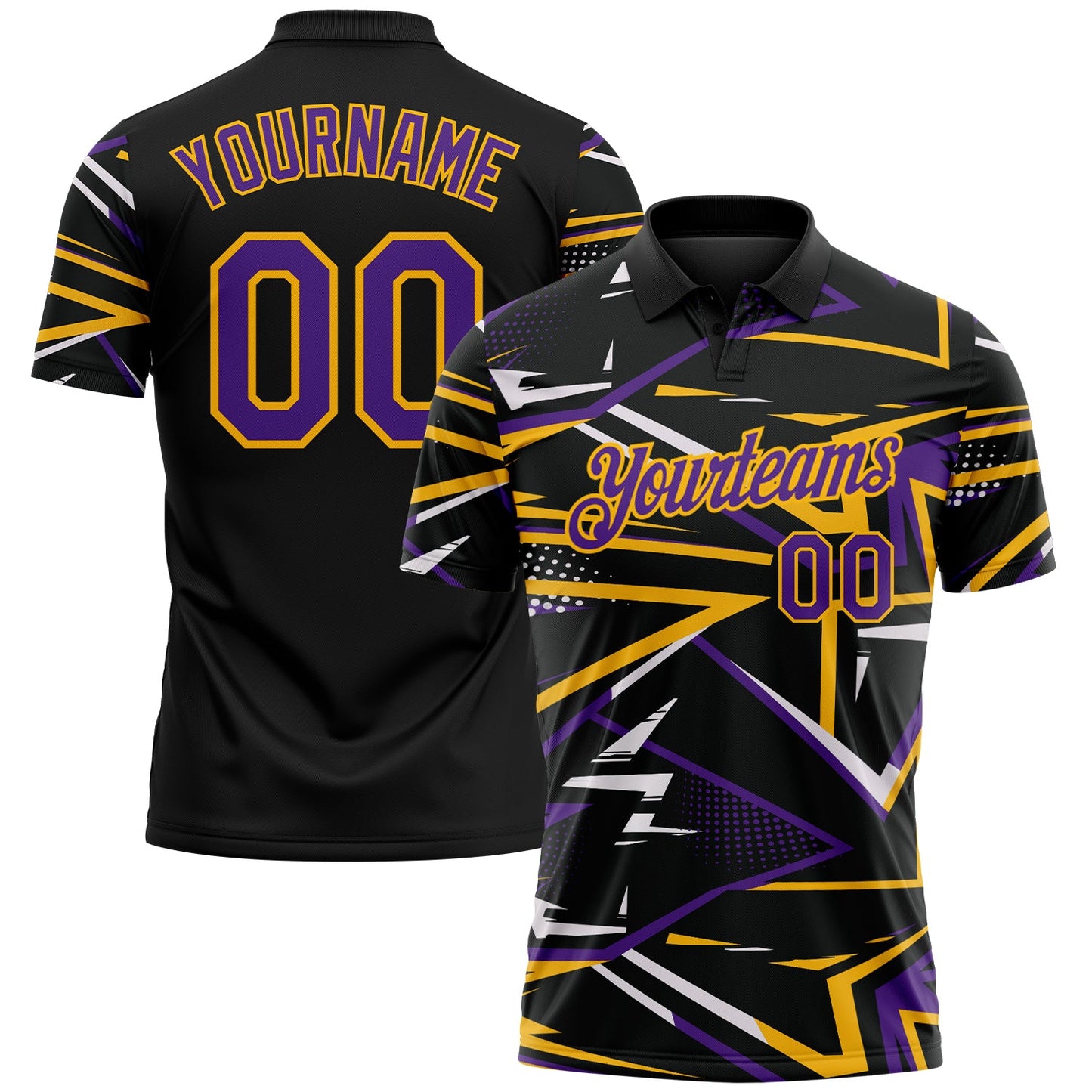 Custom Black Purple-Gold Dynamic Geometric Shard Performance Polo Shirt - Main View