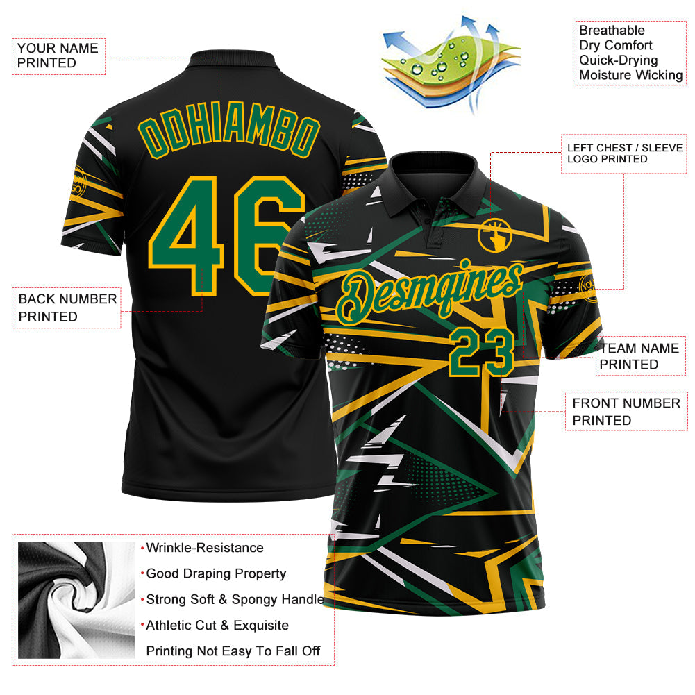 Custom Black Kelly Green-Gold Dynamic Geometric Shard Performance Polo Shirt view 3
