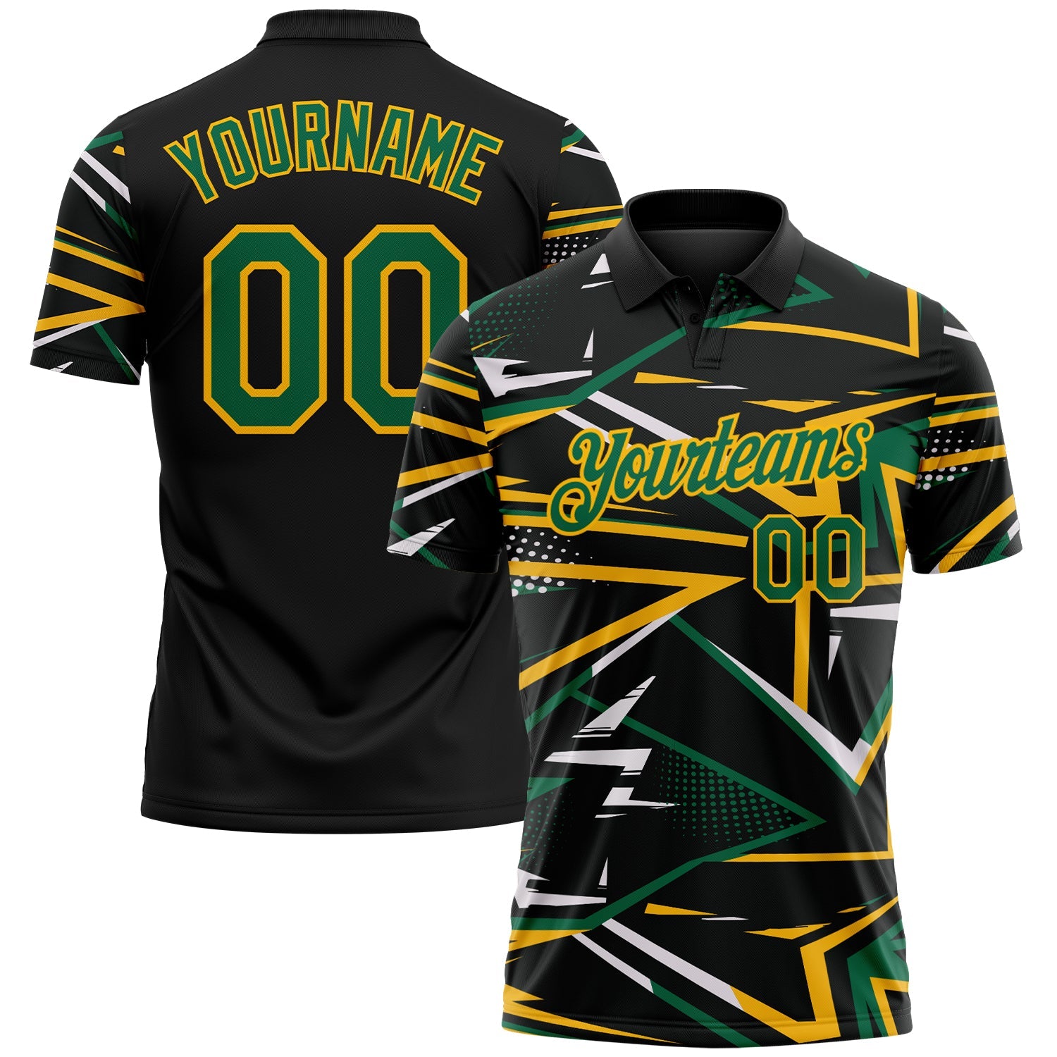 Custom Black Kelly Green-Gold Dynamic Geometric Shard Performance Polo Shirt - Main View