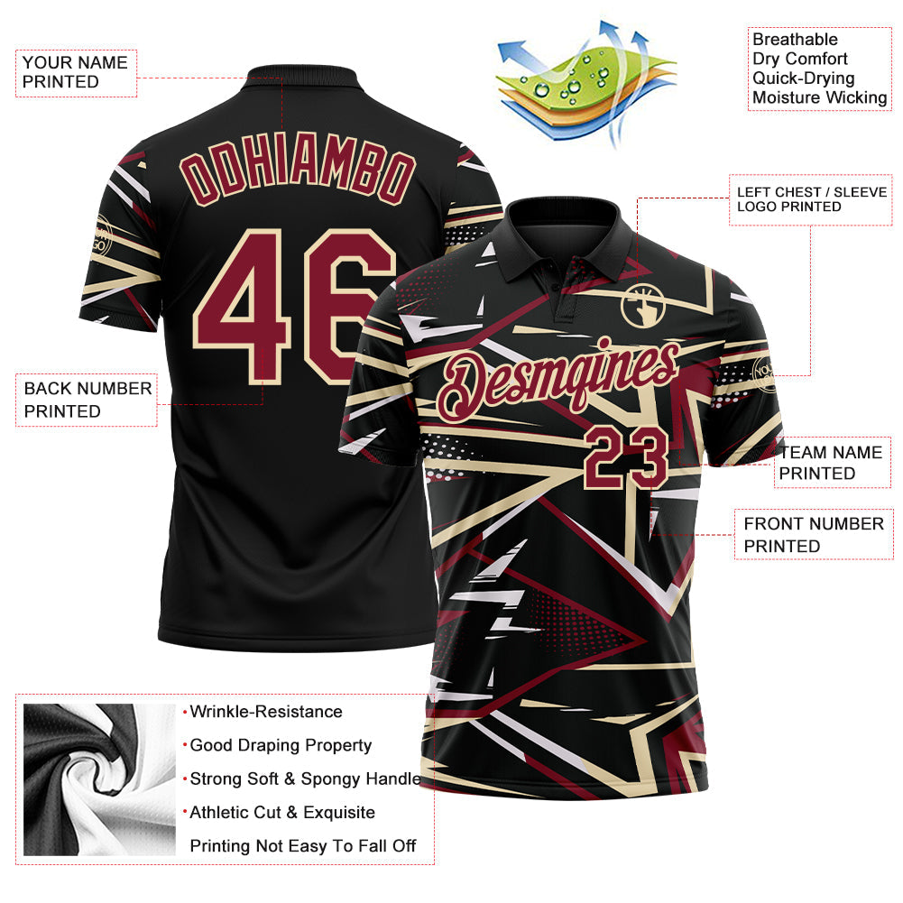 Custom Black Crimson-Cream Dynamic Geometric Shard Performance Polo Shirt view 3